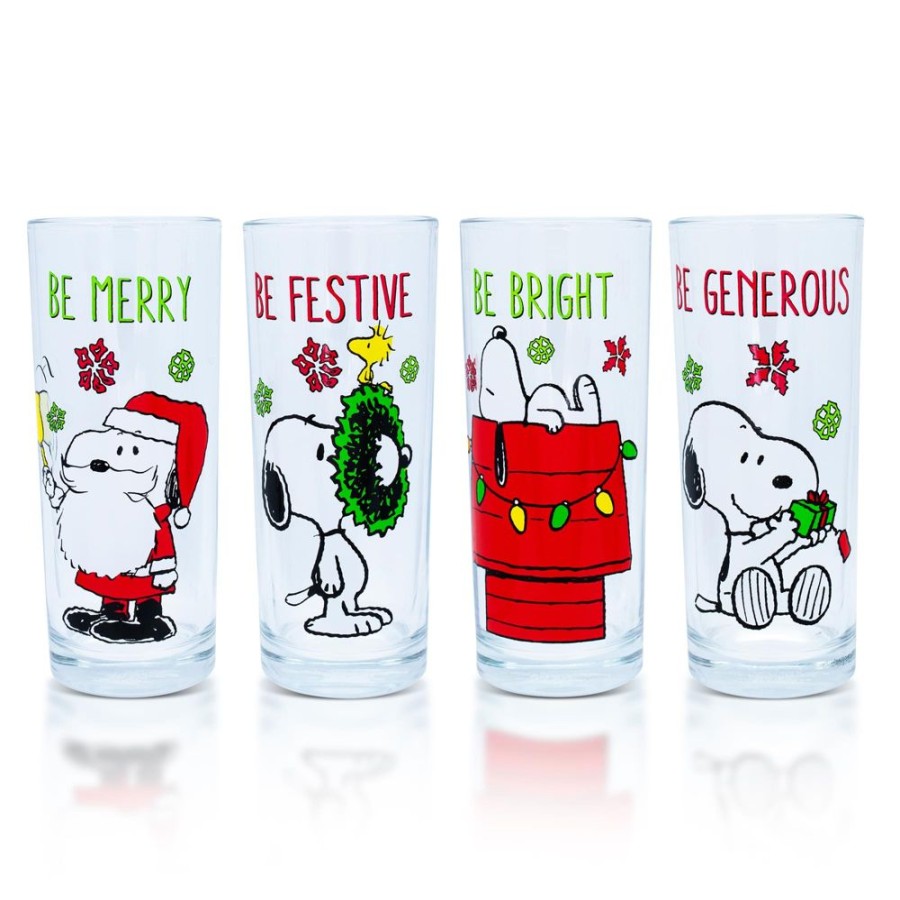 Toynk Peanuts Snoopy Holiday Fun 10-Ounce Pint Glasses | Set Of 4 | Drinkware