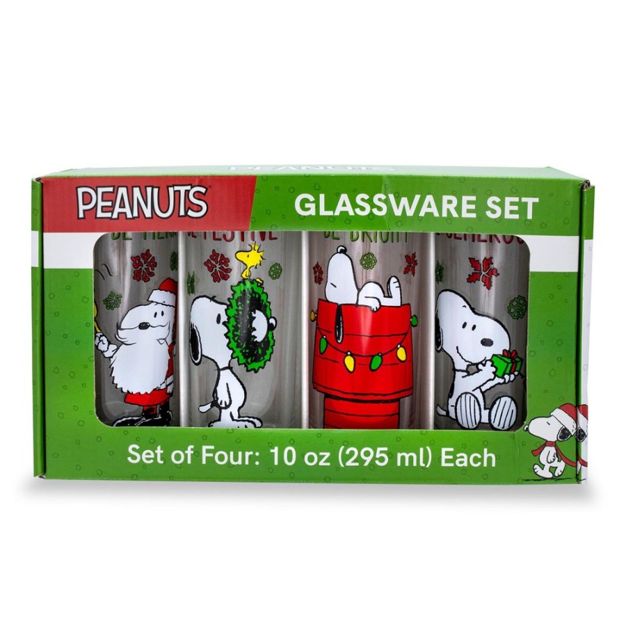 Toynk Peanuts Snoopy Holiday Fun 10-Ounce Pint Glasses | Set Of 4 | Drinkware